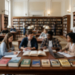 Obraz przedstawia realistyczną scenę w przestronnej, klasycznej bibliotece akademickiej, wypełnionej regałami z książkami