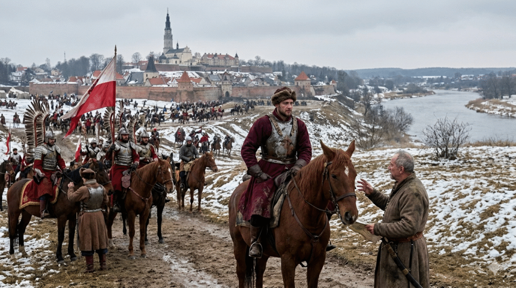 Obraz przedstawia scenę historyczną, prawdopodobnie z okresu wojen lub bitew, z dużą grupą ludzi na koniach