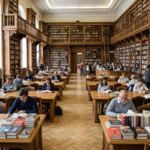 Obraz przedstawia realistyczne wnętrze klasycznej biblioteki z czytelnikami