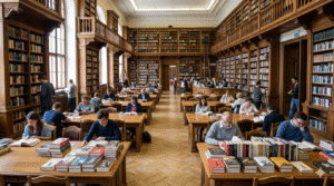 Obraz przedstawia realistyczne wnętrze klasycznej biblioteki z czytelnikami