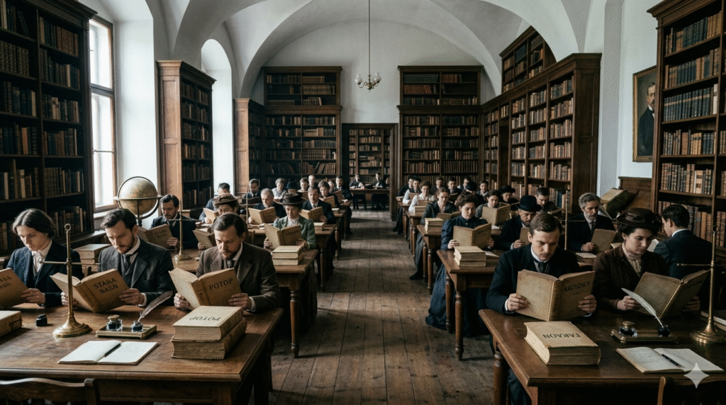 Obraz przedstawia XIX-wieczną czytelnię biblioteczną