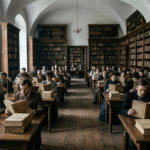 Obraz przedstawia XIX-wieczną czytelnię biblioteczną