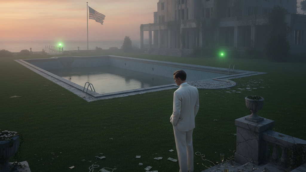 Obraz przedstawia melancholijną scenę z perspektywy z góry, przenosząc nas do świata F. Scotta Fitzgeralda i jego "Wielkiego Gatsby'ego"