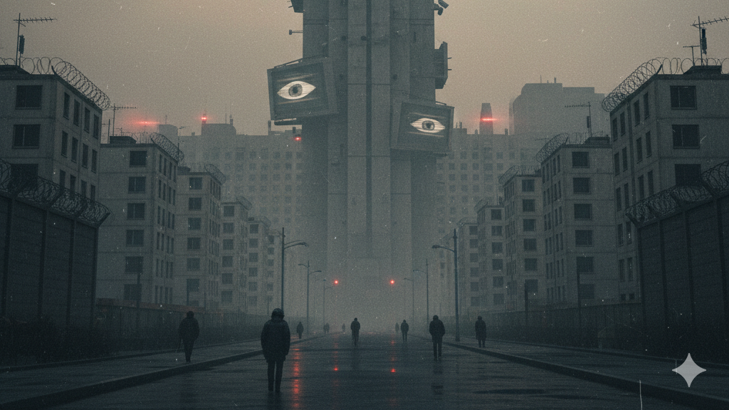 Obraz przedstawia ciemną, przygnębiającą scenę miejską, która mocno nawiązuje do dystopijnej atmosfery znanej z książki "Rok 1984"