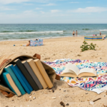 Obraz przedstawia sielankowy, wakacyjny widok na piaszczystą plażę w słoneczny dzień