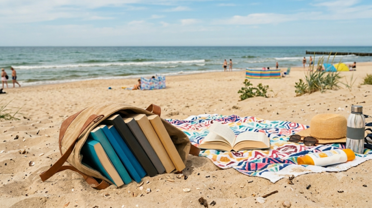 Obraz przedstawia sielankowy, wakacyjny widok na piaszczystą plażę w słoneczny dzień