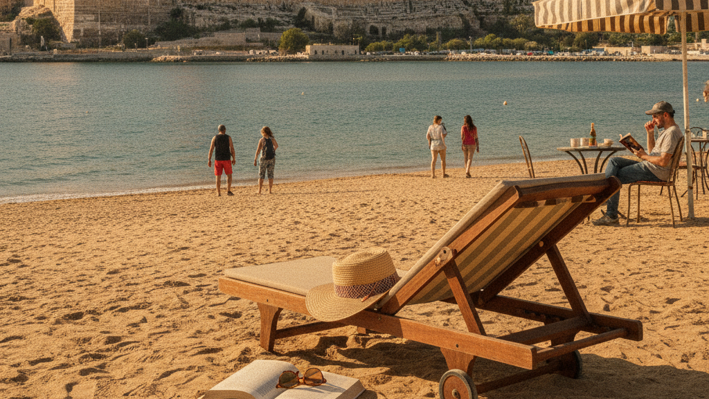 Obraz przedstawia realistyczną scenę plażową z widokiem na Jerozolimę